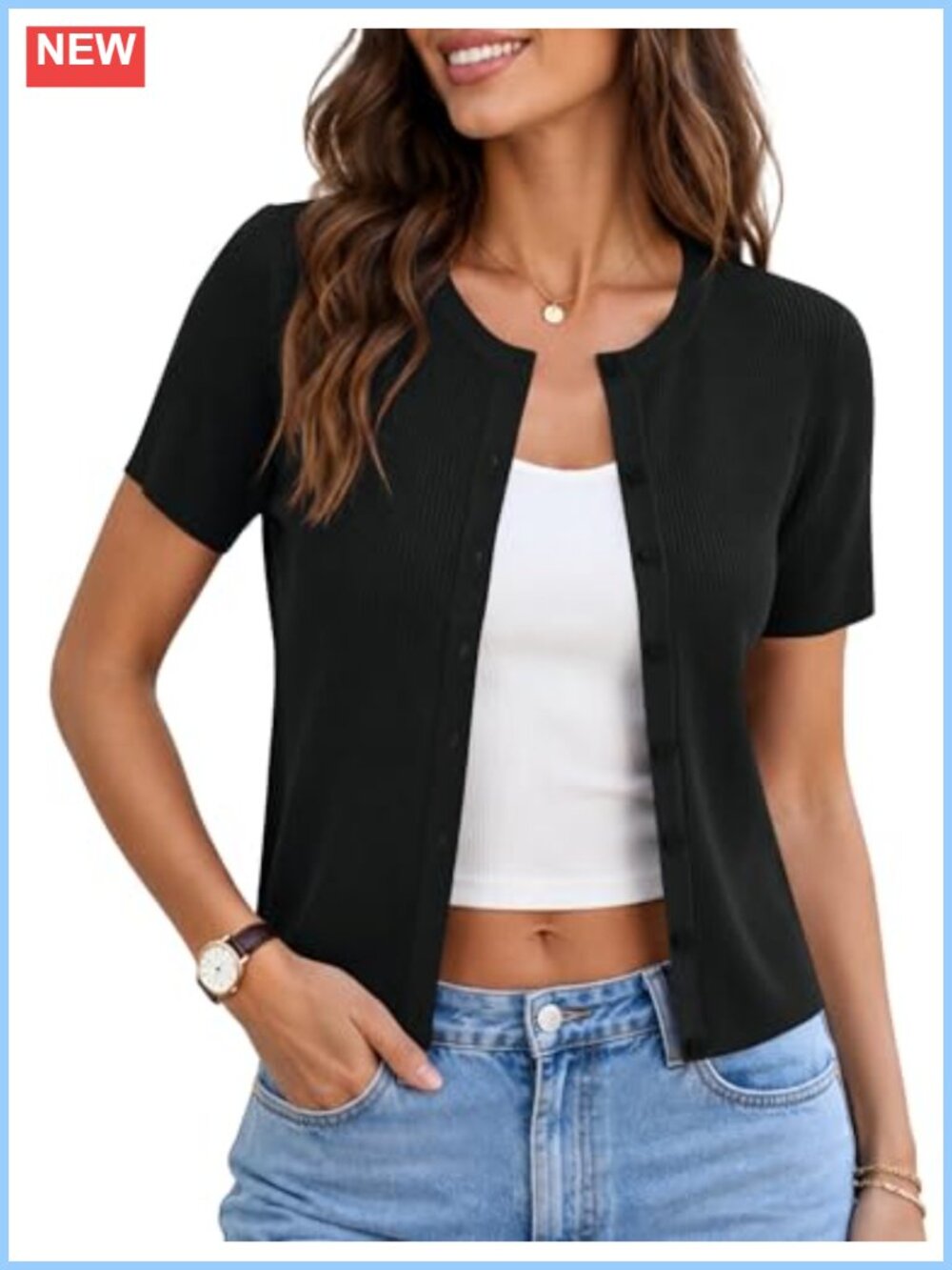 Kistore Women's Short Sleeve Ribbed Knit Button Up Cardigan Lightweight Sweater